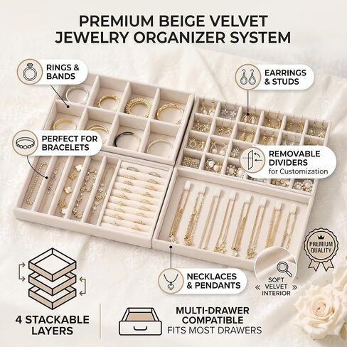 Velvet Jewelry Drawer Organizer Trays, 4-Layer Stackable Jewelry Storage Inserts Set, Beige Jewelry Tray Set for Earrings, Rings, Necklaces and Bracelets, Removable Dividers for Dresser Drawer in Kuwait