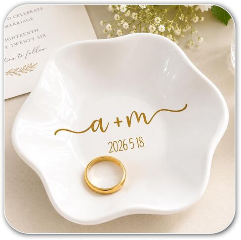 Ajiangwu Engagement Gift Ceramic Jewelry Dish,Personalized Jewelry Tray with Initial Custom Trinket Ring Dish Wedding Gifts for Bride Bridesmaid-3.94" (White) in Saudi Arabia