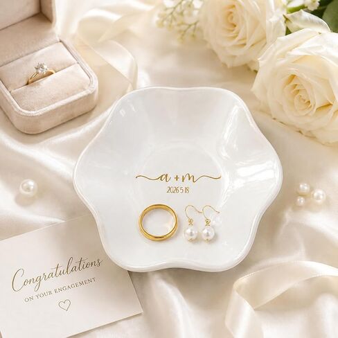 Ajiangwu Engagement Gift Ceramic Jewelry Dish,Personalized Jewelry Tray with Initial Custom Trinket Ring Dish Wedding Gifts for Bride Bridesmaid-3.94" (White) in Saudi Arabia