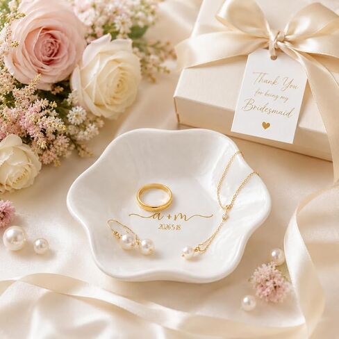 Ajiangwu Engagement Gift Ceramic Jewelry Dish,Personalized Jewelry Tray with Initial Custom Trinket Ring Dish Wedding Gifts for Bride Bridesmaid-3.94" (White) in Saudi Arabia