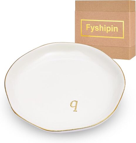 صينية مجوهرات من السيراميك، طبق حلية مزخرف لديكور الغرفة، عيد ميلاد عيد الحب وعيد الأم والتخرج وعيد الميلاد هدية شخصية للنساء، 4.75 بوصة، حافة ذهبية، محفورة بالأحرف الأولى in Kuwait