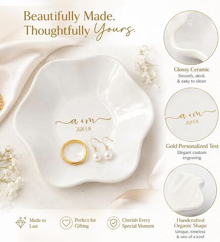 Ajiangwu Engagement Gift Ceramic Jewelry Dish,Personalized Jewelry Tray with Initial Custom Trinket Ring Dish Wedding Gifts for Bride Bridesmaid-3.94" (White) in Saudi Arabia