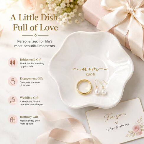 Ajiangwu Engagement Gift Ceramic Jewelry Dish,Personalized Jewelry Tray with Initial Custom Trinket Ring Dish Wedding Gifts for Bride Bridesmaid-3.94" (White) in Saudi Arabia