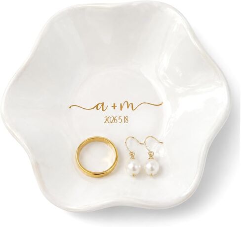 Ajiangwu Engagement Gift Ceramic Jewelry Dish,Personalized Jewelry Tray with Initial Custom Trinket Ring Dish Wedding Gifts for Bride Bridesmaid-3.94" (White) in Saudi Arabia