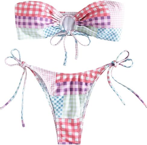 SHENHE Women's Gingham Plaid Bandeau Bikini Set Strapless Cheeky Patchwork 2 Piece Swimsuits in Kuwait