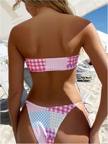 SHENHE Women's Gingham Plaid Bandeau Bikini Set Strapless Cheeky Patchwork 2 Piece Swimsuits in Kuwait