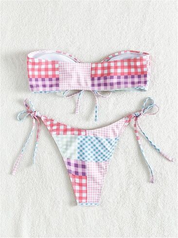 SHENHE Women's Gingham Plaid Bandeau Bikini Set Strapless Cheeky Patchwork 2 Piece Swimsuits in Kuwait