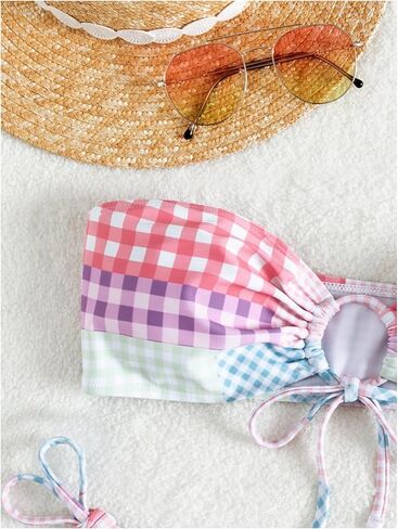 SHENHE Women's Gingham Plaid Bandeau Bikini Set Strapless Cheeky Patchwork 2 Piece Swimsuits in Kuwait