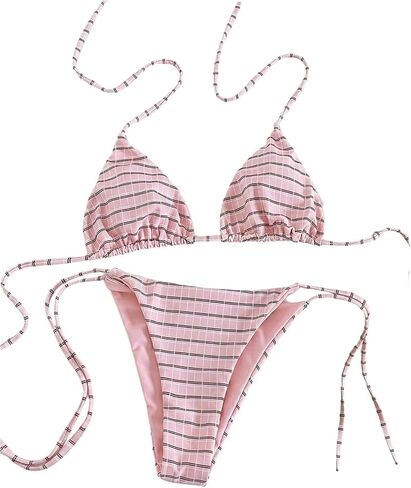GORGLITTER Women's Striped Bikini Set Floral String Thong Tie Halter Triangle Bathing Suit Cheeky Beach Vacation Swimsuits in Kuwait