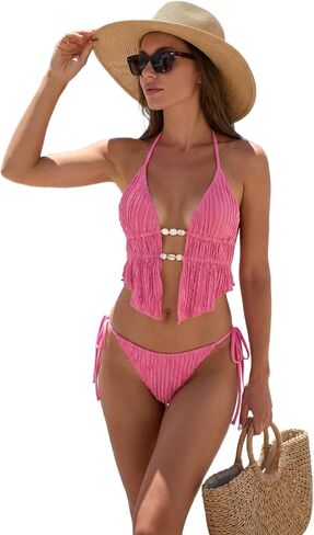 Womens Two Piece Bikini Set Halter Neck Beaded Decor Side Tie Ruffled Texture Bathing Suit for Beach in Kuwait