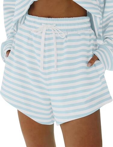 Women Low Rise Striped Drawstring Casual Loose Wide Leg Shorts with Pockets in Saudi Arabia