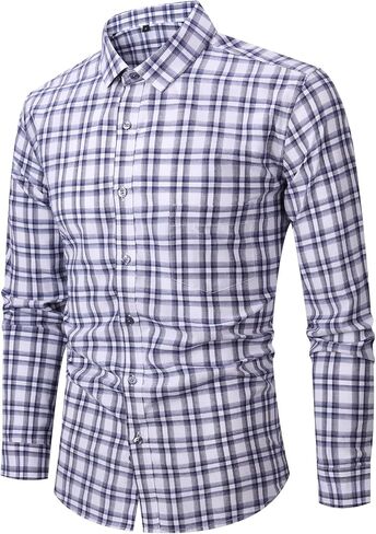 Men's Plaid Button Down Shirts Cotton Long Sleeve Dress Shirts Regular Fit Shirts (B01-D2171-Blue-L in Saudi Arabia
