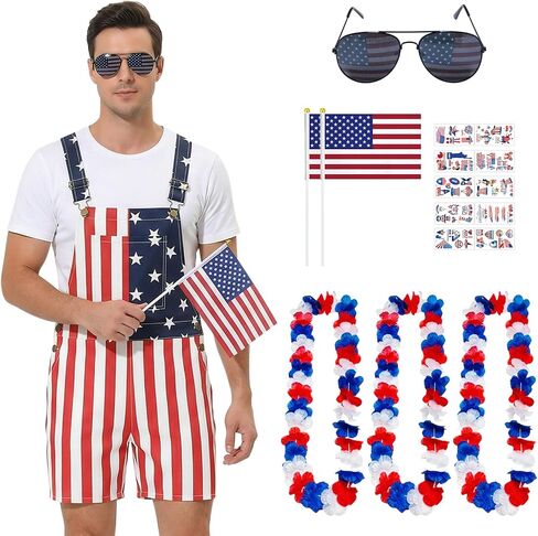 American Flag Overalls Men,250 Anniversary Romper 4th of July Denim Outfit with Glasses Flags & Accessories in Saudi Arabia