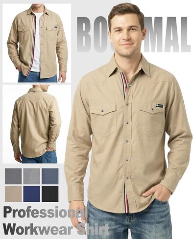 BOCOMAL Non FR - Men's Work Shirts Pearl Snap Down Long Sleeve Relaxed Fit - Lightweight 100% C Chambray, EX-Soft in Kuwait