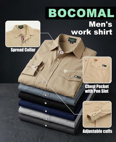 BOCOMAL Non FR - Men's Work Shirts Pearl Snap Down Long Sleeve Relaxed Fit - Lightweight 100% C Chambray, EX-Soft in Kuwait