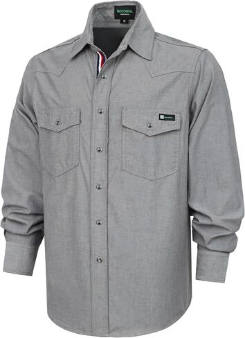 BOCOMAL Non FR - Men's Work Shirts Pearl Snap Down Long Sleeve Relaxed Fit - Lightweight 100% C Chambray, EX-Soft in Kuwait