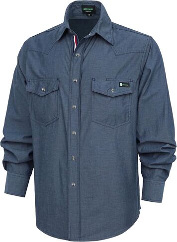 BOCOMAL Non FR - Men's Work Shirts Pearl Snap Down Long Sleeve Relaxed Fit - Lightweight 100% C Chambray, EX-Soft in Kuwait