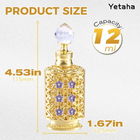 Yetaha Vintage زجاجات عطر زهر البرقوق المنحوتة المجوفة، زجاجة عطر الزهور المرصعة بالجواهر، زجاجة زيت عطرية مزخرفة من الزجاج الكريستالي الفاخر، جسم الزجاجة الذهبية مزين بأزهار البرقوق الأرجواني in Kuwait