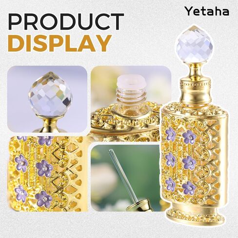 Yetaha Vintage زجاجات عطر زهر البرقوق المنحوتة المجوفة، زجاجة عطر الزهور المرصعة بالجواهر، زجاجة زيت عطرية مزخرفة من الزجاج الكريستالي الفاخر، جسم الزجاجة الذهبية مزين بأزهار البرقوق الأرجواني in Kuwait