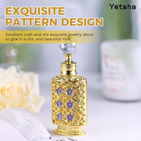 Yetaha Vintage زجاجات عطر زهر البرقوق المنحوتة المجوفة، زجاجة عطر الزهور المرصعة بالجواهر، زجاجة زيت عطرية مزخرفة من الزجاج الكريستالي الفاخر، جسم الزجاجة الذهبية مزين بأزهار البرقوق الأرجواني in Kuwait