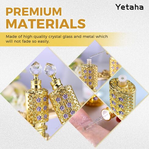 Yetaha Vintage زجاجات عطر زهر البرقوق المنحوتة المجوفة، زجاجة عطر الزهور المرصعة بالجواهر، زجاجة زيت عطرية مزخرفة من الزجاج الكريستالي الفاخر، جسم الزجاجة الذهبية مزين بأزهار البرقوق الأرجواني in Kuwait