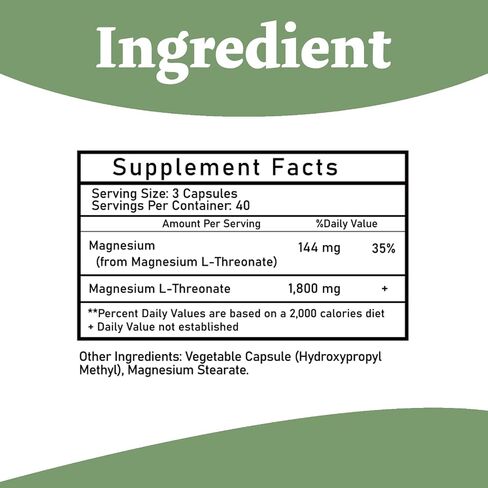 Magnesium L-Threonate Capsules 1800mg – 120 Count– High Absorption Magnesium Supplement – Bioavailable Form for Rest and Cognitive Function Support in Saudi Arabia