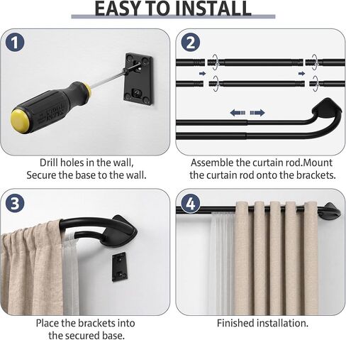 Double Curtain Rod for Windows 30-54 Inch, 3/4" Blackout Wrap-Around Curved Rod, Designed for Privacy & Room Darkening, Easy Installation & Removal, Black in Saudi Arabia