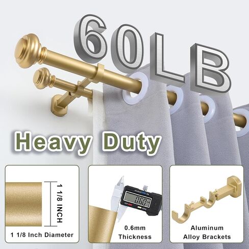1 1/8 Inch Heavy Duty Double Curtain Rods for Windows, 72-144inch(6-12ft) Adjustable Length Telescoping Dual Drapery Rod Set with Solid Aluminum Bracket for Porch, Floor-to-ceiling Window, Warm Gold in Saudi Arabia