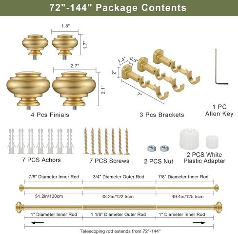 1 1/8 Inch Heavy Duty Double Curtain Rods for Windows, 72-144inch(6-12ft) Adjustable Length Telescoping Dual Drapery Rod Set with Solid Aluminum Bracket for Porch, Floor-to-ceiling Window, Warm Gold in Saudi Arabia