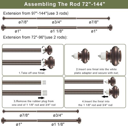 1 1/8 Inch Heavy Duty Double Curtain Rods for Windows, 72-144inch(6-12ft) Adjustable Length Telescoping Dual Drapery Rod Set with Solid Aluminum Bracket for Porch, Floor-to-ceiling Window, Warm Gold in Saudi Arabia
