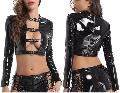 Womens Sexy PU Leather Chest Harness Lingerie Set Gothic Adult Clubwear Crop Top and Lace Up Shorts Roleplay Outfit for Party Cosplay Nightwear Valentine's Day Gift for Women Adults in Saudi Arabia