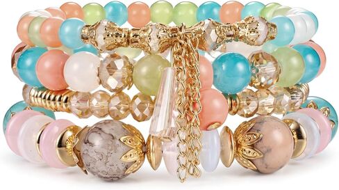 Tungary 4Pcs Beaded Bracelets for Women Bohemian Bracelet Stacks Handmade Natural Stone Stretch Bracelets Multi-Color Daily Wear Accessories Summer Beach Boho Jewelry Gift in Saudi Arabia