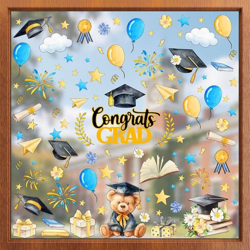 ZAWE 9 Sheets Bear Congrats Grad Cap Balloon Firework Book Stars Graduation Window Clings Double-Sided Reusable Static Window Decals Stickers for Party Home Classroom Office Decorations in Saudi Arabia