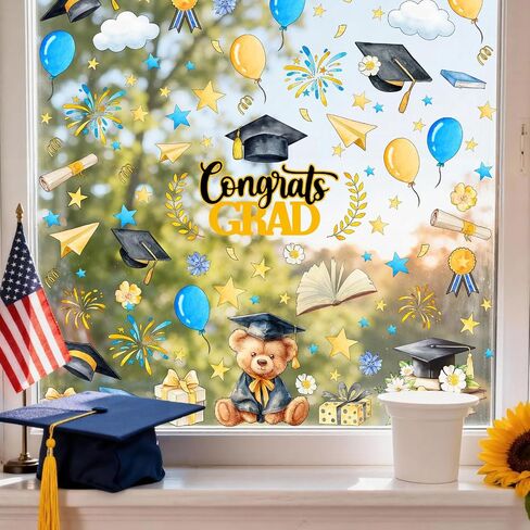 ZAWE 9 Sheets Bear Congrats Grad Cap Balloon Firework Book Stars Graduation Window Clings Double-Sided Reusable Static Window Decals Stickers for Party Home Classroom Office Decorations in Saudi Arabia
