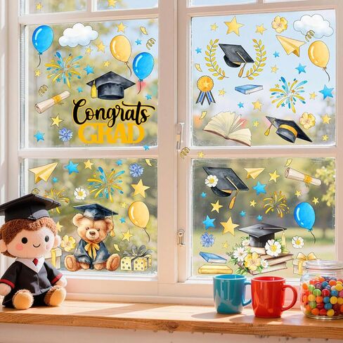 ZAWE 9 Sheets Bear Congrats Grad Cap Balloon Firework Book Stars Graduation Window Clings Double-Sided Reusable Static Window Decals Stickers for Party Home Classroom Office Decorations in Saudi Arabia
