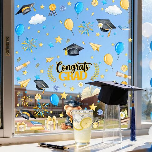ZAWE 9 Sheets Bear Congrats Grad Cap Balloon Firework Book Stars Graduation Window Clings Double-Sided Reusable Static Window Decals Stickers for Party Home Classroom Office Decorations in Saudi Arabia