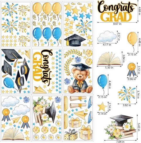 ZAWE 9 Sheets Bear Congrats Grad Cap Balloon Firework Book Stars Graduation Window Clings Double-Sided Reusable Static Window Decals Stickers for Party Home Classroom Office Decorations in Saudi Arabia