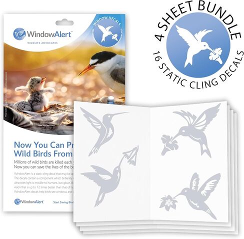 WINDOWALERT Hummingbird Anti-Collision Decal Blemished 4-Pack - UV-Reflective Window Decal to Protect Wild Birds from Glass Collisions - Made in The USA in Saudi Arabia