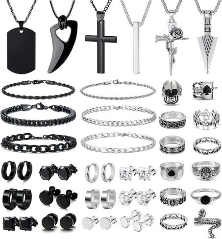 48 Pieces Stainless Steel Jewelry Set for Men Black Silver Cuban Chain Necklace Bracelet Cross Pendant Vintage Rings Hoop Earrings Hip Hop Jewelry Pack for Men Women in Saudi Arabia
