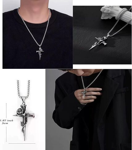 48 Pieces Stainless Steel Jewelry Set for Men Black Silver Cuban Chain Necklace Bracelet Cross Pendant Vintage Rings Hoop Earrings Hip Hop Jewelry Pack for Men Women in Saudi Arabia