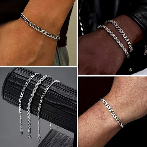48 Pieces Stainless Steel Jewelry Set for Men Black Silver Cuban Chain Necklace Bracelet Cross Pendant Vintage Rings Hoop Earrings Hip Hop Jewelry Pack for Men Women in Saudi Arabia