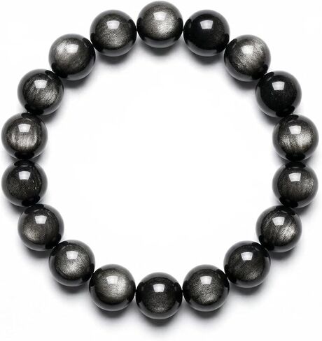 ANNIE WU Natural Silver Sheen Obsidian Bracelet for Women Men, Genuine Black Obsidian Beaded Bracelet, Healing Crystal Protection Bracelet, Polished Gemstone Stretch Bracelet, Gift Box Included in Saudi Arabia