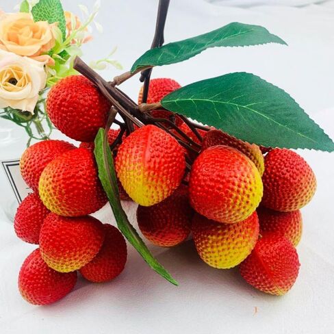 2 Bunches Artificial Lychee Fruit 7.8" Lifelike Fake Lychee with Leaves, Realistic Kitchen/Dining Table Decor, Party Decoration, Plastic Fruit Props for Photography, Display, or Cabinet Styling in Saudi Arabia