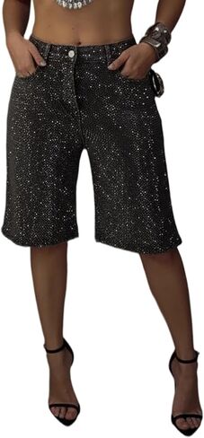 Tcremisa Womens Rhinestone Bermuda Jean Shorts High Waist Knee Length Sparkly Sequin Glitter Y2k Denim Shorts Streetwear in Saudi Arabia