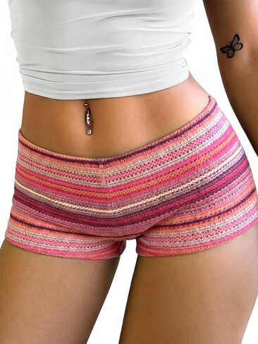 ELLEVEN Women's Elastic Crochet Striped Knit Shorts Y2K Sexy Micro Shorts for Summer Beach Festival Outfits in Kuwait
