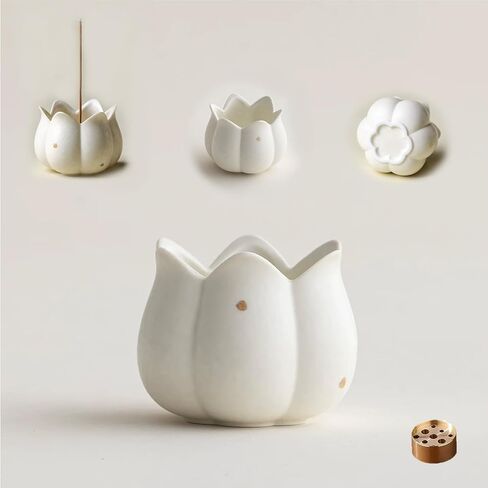 Hermit Life Incense Burner with 9 Holes Stick Holder, Lotus Bud or Tripod Ding Shape Design and Matte Ceramic Surface for Home Décor, Incense Stick Holder with Ash Catcher (White Lotus Bud) in Kuwait
