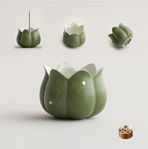Hermit Life Incense Burner with 9 Holes Stick Holder, Lotus Bud or Tripod Ding Shape Design and Matte Ceramic Surface for Home Décor, Incense Stick Holder with Ash Catcher (White Lotus Bud) in Kuwait