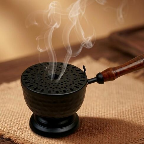 ServDharm Incense Holder Hammered Metal Black (3.7" Diameter) | Incense Burner with Wooden Handle | Loban Dhoop Holder for Home Decor, Puja, Meditation, Yoga, Spa and Gifting in Kuwait