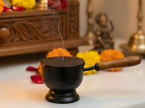 ServDharm Incense Holder Hammered Metal Black (3.7" Diameter) | Incense Burner with Wooden Handle | Loban Dhoop Holder for Home Decor, Puja, Meditation, Yoga, Spa and Gifting in Kuwait