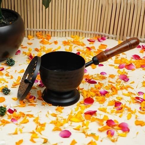 ServDharm Incense Holder Hammered Metal Black (3.7" Diameter) | Incense Burner with Wooden Handle | Loban Dhoop Holder for Home Decor, Puja, Meditation, Yoga, Spa and Gifting in Kuwait